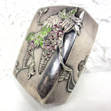 Antique 1900's Chinese Silver Snuff Box, Embossed Trinket Pill Box with Flower, Medicinal Plant, Purple Green Enamel, Signed by Silversmith