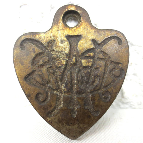 Antique Victorian Bronze Heart Necklace with Gothic Monogram Script 1 7/8 inches, Human or Animal Tag