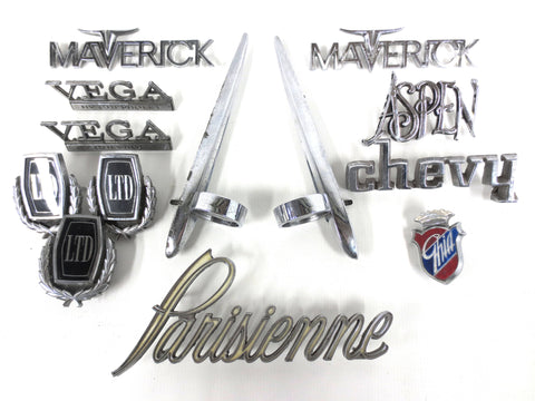 Lot of 13 Vintage Muscle Car Chrome Badges, Hood Emblems, Ford Maverick, Plymouth Aspen, Chevrolet Chevy Vega, Ghia, Pontiac Parisienne