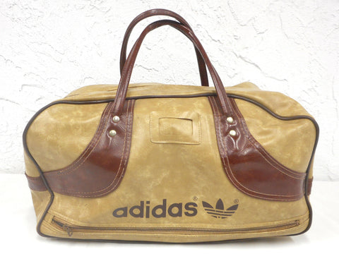 Vintage Adidas 1970s Original Duffel Sports Gym Bag 18", Tennis Sports Hand Bag made in Japan, Brown and Beige Leatherette