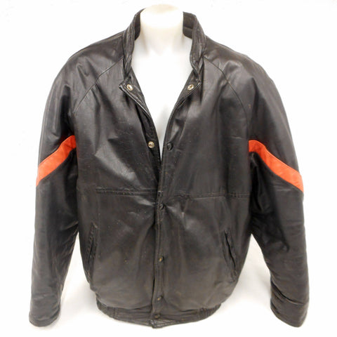 Vintage 1980's Black Leather Bomber Jacket Coat Size XL for Men, Orange Stripes, Motorcycle Racer, Quilted Interior, Made in Montreal Quebec