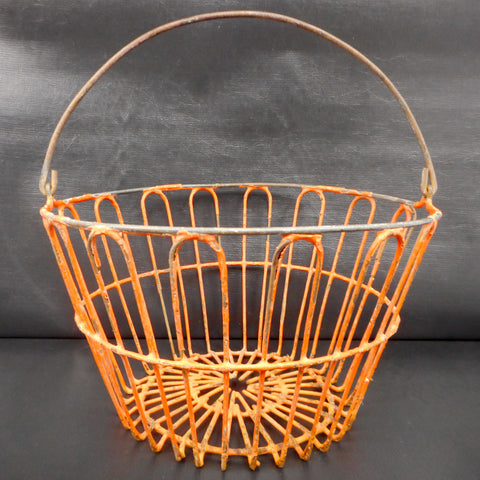 Antique Early Primitive Farm Chicken Egg Basket 15" Diameter with Handle, Original Orange Paint, Metal Wires, Cool Fruit Basket, Lamp Shade