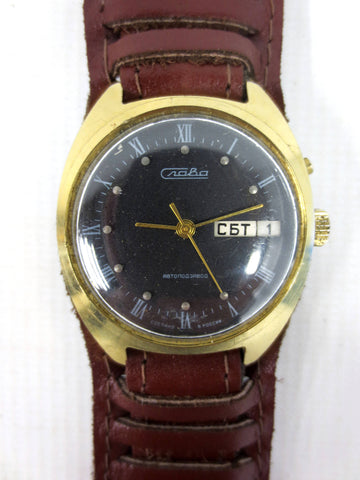 Vintage Slava Automatic Men's Watch from Russia, Day & Date, Russian Pilot Leather Band, Gold Tone, Black Dian, Roman Numerals