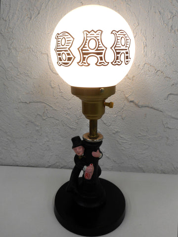 Vintage 1970's Charlie Chaplin Drunk Hobo Man Bar Lamp 16.5" Tall, White Milk Glass Globe Marked Bar, All Metal Version