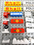 Vintage 1970's Lego City Legoland Rare Bricks with Text Print Parts Lot, Shell Gas Station, Police, Truck Grill, Red Telephone, Tap, Flowers