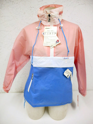 Vintage 1980s K-Way Kway Jacket Windbreaker, Size 3 Girls 10-12 Years Old, Zip Up Waterproof Raincoat, Pink White Blue, NOS New Old Stock