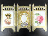 Antique Victorian Laced Wish Love Card and Picture Frame 6 X 10", Gold and Silver Standalone Triptych Screen, Lady, Angel, Cherub, Rose