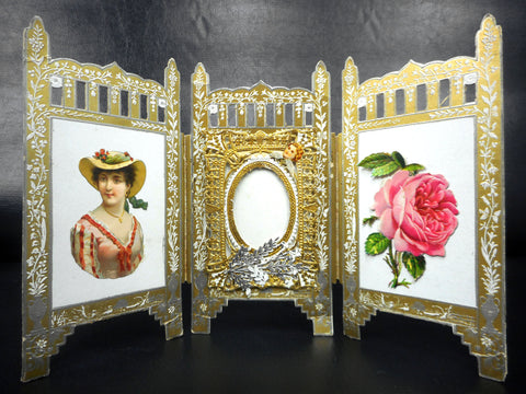 Antique Victorian Laced Wish Love Card and Picture Frame 6 X 10", Gold and Silver Standalone Triptych Screen, Lady, Angel, Cherub, Rose