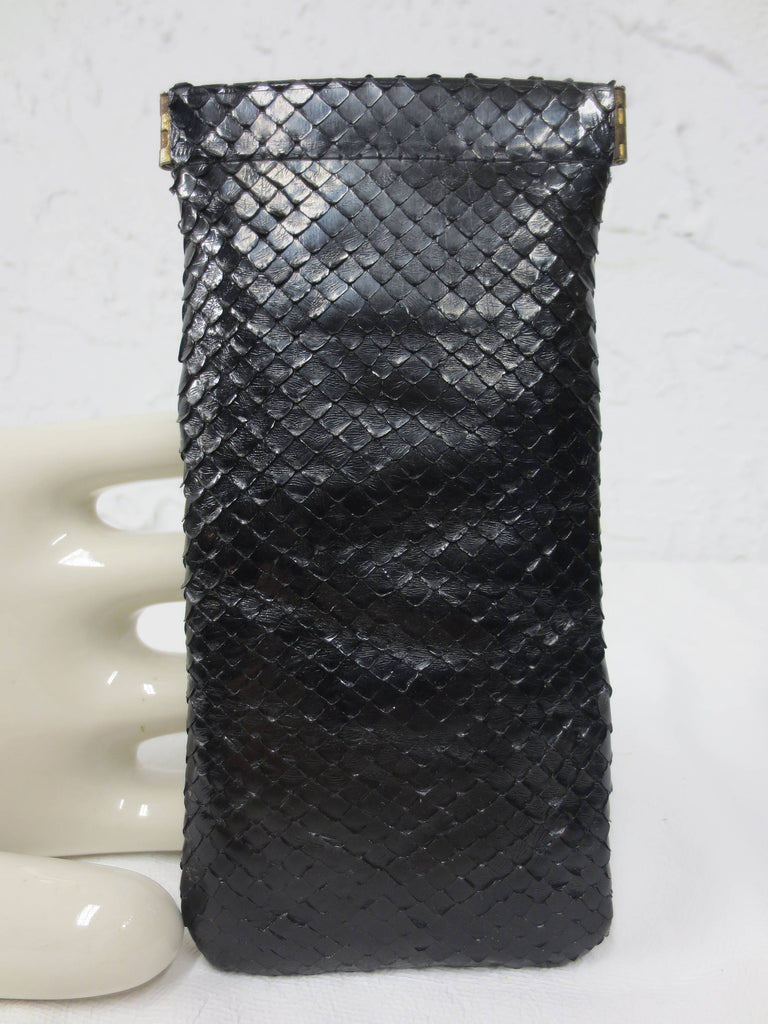 Vintage 1960's Genuine Black Snake Skin Women's Glasses Pouch Case Purse, 6.5 X 3", Hinged, Souple