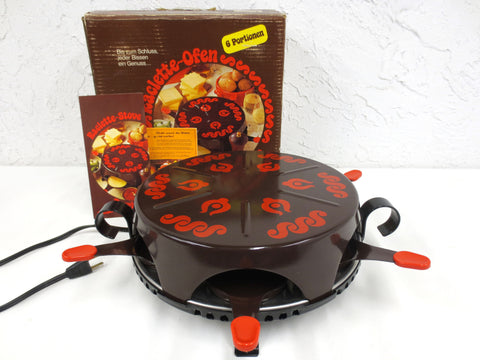 Vintage Stockli Netstal Swiss Electric Raclette Fondue Table Stove 10 1/2" with 6 pans, Tourbillon, Original Box, Instructions, Never used