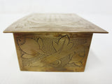 Antique Chinese Brass Stamps Coins Trinket Box 3 X 2" Small, Forest Landscape with Animal and Flowers, Handmade Hammered Punched