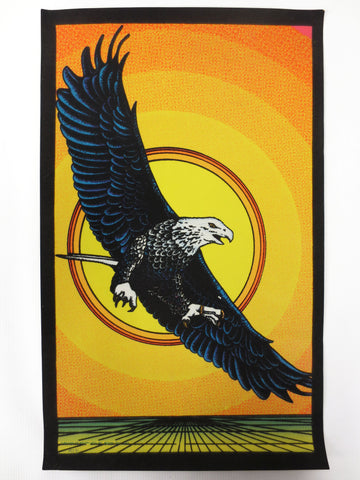 Vintage 1970's Felt Velvet Flocked Poster 16 X 10"  Glows Under Black Light, Psychedelic Bald Eagle and Sun, Signed Pro Arts Medina Ohio