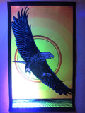 Vintage 1970's Felt Velvet Flocked Poster 16 X 10"  Glows Under Black Light, Psychedelic Bald Eagle and Sun, Signed Pro Arts Medina Ohio