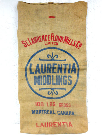 Vintage Burlap Sack Jute Bag 40X20" Montreal Quebec Advertising, St.Lawrence Flour Mills, Laurentia Middlings, Large Pillow or Tapestry