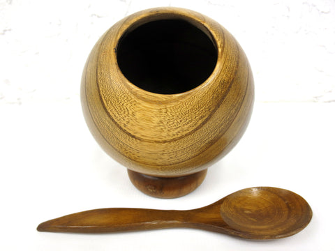 Vintage Mid Century 1950's Wood Sphere Bowl 5" Dia. with Spoon for Serving Nuts and Candies