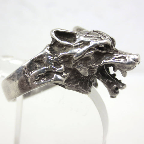 Vintage Wolf Wolfhound Sterling Silver Ring Size 11, Angry Dog Showing His Teeth, Large 20 mm Sculpted Head, 11.6 Grams