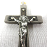 Antique Priest Crucifix Pendant with a Wooden Inlay 2X1", Hand Made and Forged, Authentic Clergy Cross