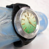 Vintage ZIM Pobeda 17 Jewels Large Round 43 mm Russian Men's Watch, Pilot Leather Band, Flying Saucer Case, Green Gradient Dial, USSR