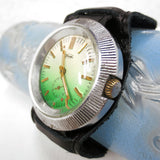 Vintage ZIM Pobeda 17 Jewels Large Round 43 mm Russian Men's Watch, Pilot Leather Band, Flying Saucer Case, Green Gradient Dial, USSR