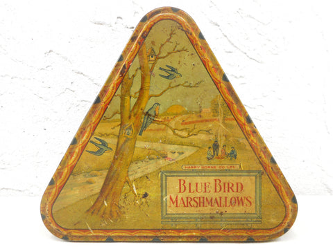 Vintage Antique 1920 Blue Bird Marshmallows Triangular Triangle Tin Box 7 1/4", Harry Horne Company Advertisement, Forest Campfire Scene