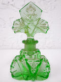 Vintage Art Deco Uranium Vaseline Green Glass Perfume Bottle 4 1/2", Clover Flower Shape, Glow in The Dark