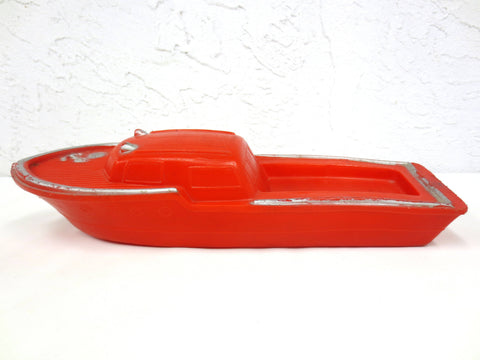 Vintage Red Toy Speed Boat Ship 15" Long Signed Lido New York, Thick plastic, Silver Details, Floats