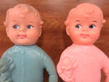 Vintage 1950's Bedtime Squeaky Babies Pair 10" Signed Reliable Canada, Blue and Pink Soft Plastic, Matching Girl Boy Pair