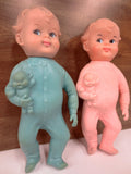 Vintage 1950's Bedtime Squeaky Babies Pair 10" Signed Reliable Canada, Blue and Pink Soft Plastic, Matching Girl Boy Pair