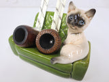 Vintage 1950's Mid Century Double Tobacco Pipe Holder, Siamese Cat on Green Sofa, Smoking Therapy Cat