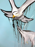 Painting by Quebec Artist Jerome Rochette 32X41" Seagull Seabird Flying "Les Nuisibles - The Harmful", Acrylic on Board