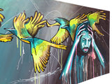 Painting by Quebec Artist Jerome Rochette 48X24" Flock of Seagulls Seabirds Flying, Disturbed Man Holding his Head, Acrylic on Board