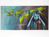 Painting by Quebec Artist Jerome Rochette 48X24" Flock of Seagulls Seabirds Flying, Disturbed Man Holding his Head, Acrylic on Board