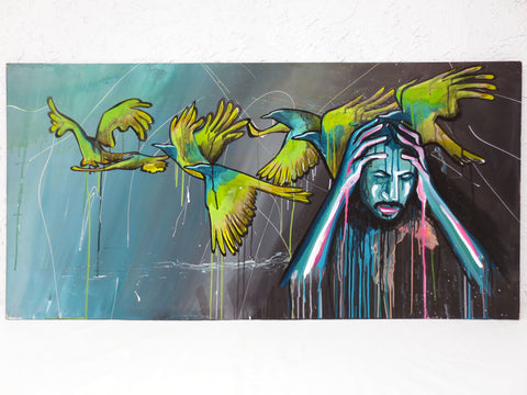 Painting by Quebec Artist Jerome Rochette 48X24" Flock of Seagulls Seabirds Flying, Disturbed Man Holding his Head, Acrylic on Board