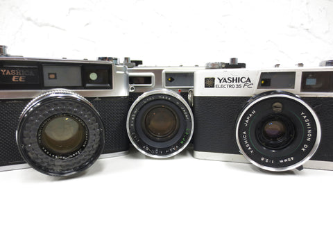 Lot of 3 Vintage Yashica 35 mm Cameras models EE, GSN and Electro 35 FC with Original Prime Lens Yashica Yashinon, Complete, Need Servicing