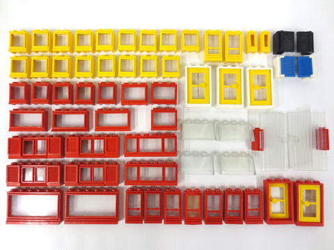 Vintage 1970's Lego Legoland 60+ Doors & Windows Parts Lot, Lego City House Building Sets, Car Windows, Red and Yellow