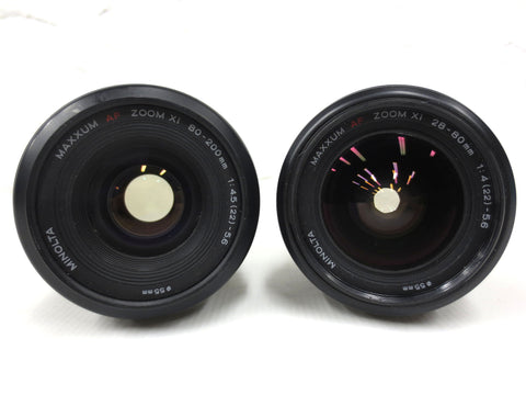 Pair of Minolta AF Zoom Xi Lenses A mount, 28-80mm f/4(22)-5.6 0.8m/2.6ft and 80-200mm f/4.5(22) - 5.6 1.5m/4.9ft, Protective Caps