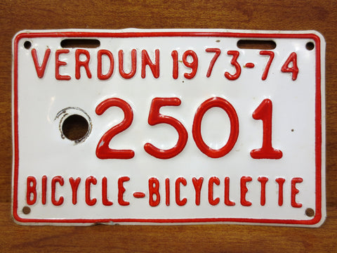 Vintage 1970's Metal Bicycle License Plate 5X3", City of Verdun in Montreal, Quebec, Canada, French and English, Bicyclette, Red and White