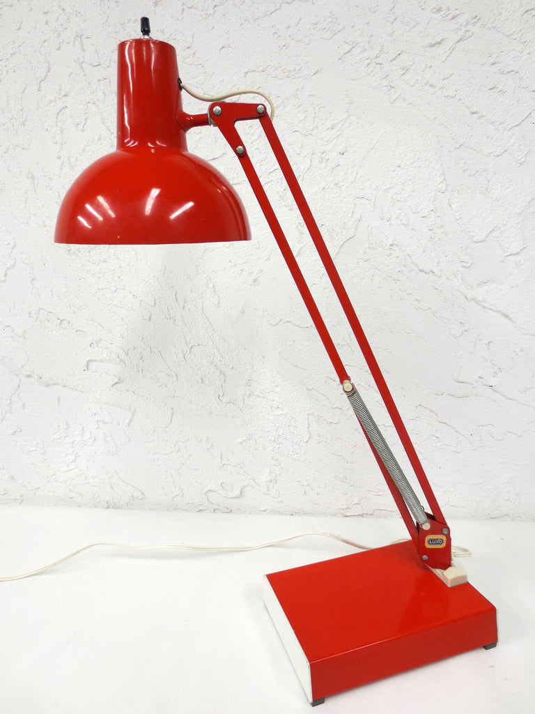 Vintage Mid Century Luxo Norway Drafting Desk Lamp 25", Articulated Swing Arm, Red, Original Luxo Tag