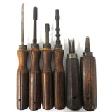 6 Early Antique Machinist Gunsmith & Blacksmith Tools with Wooden Handles, Hexagonal Screwdrivers, Saw, Carvers