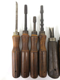 6 Early Antique Machinist Gunsmith & Blacksmith Tools with Wooden Handles, Hexagonal Screwdrivers, Saw, Carvers