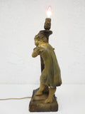 Rare 1910 Antique Figural Plaster Lamp Signed Petrucci Frères Brothers 19", Young Girl Smiling, Leaning on Light Post, Montreal, Tuscany