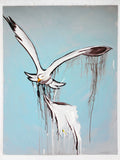 Painting by Quebec Artist Jerome Rochette 32X41" Seagull Seabird Flying "Les Nuisibles - The Harmful", Acrylic on Board