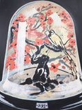 Painting by Quebec Artist Jerome Rochette 23X28" Oriental Bonsai Tree, Pink Flowers and Bird under Glass Dome Display, Acrylic on Board