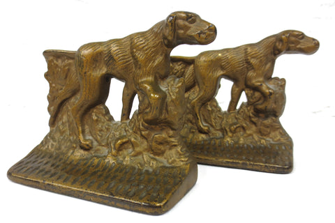 Vintage English Pointer Bookends 5X4.5", Golden Cast Iron, Hunting Dogs, Pointing Tail