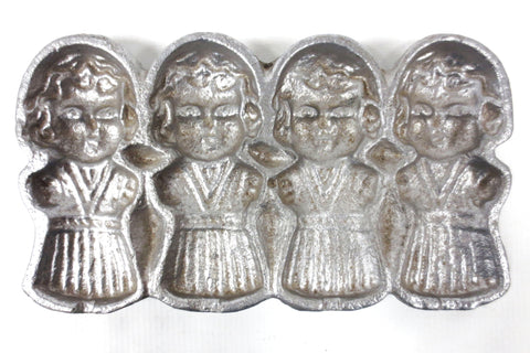 Antique Clear Candy Chocolate Lollipop Mold, Thick Cast Aluminum, 4 Girls with Dresses, 7.5 X 4.25"