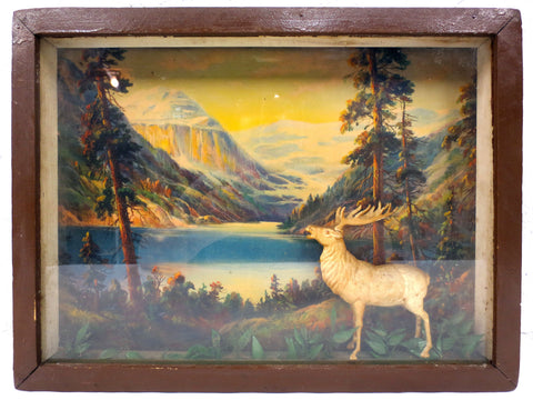 Vintage Antique Canadian Nature Forest Scene Framed Behind Glass 17X13", Wapiti Deer, Snowy Mountains, Hamilton Pictures, Montreal East