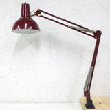 Vintage Mid Century Luxo Drafting Desk Lamp 31" Long Articulated Swing Arm, Dark Red Burgundy, 6 3/4 Diameter