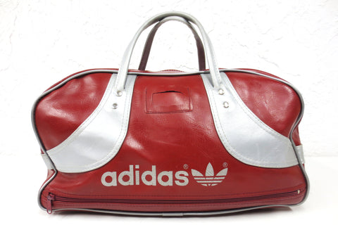 Vintage Adidas 1970s Original Duffel Sports Gym Bag 20", Tennis Sports Hand Bag made in Japan, Red and Silver Leatherette