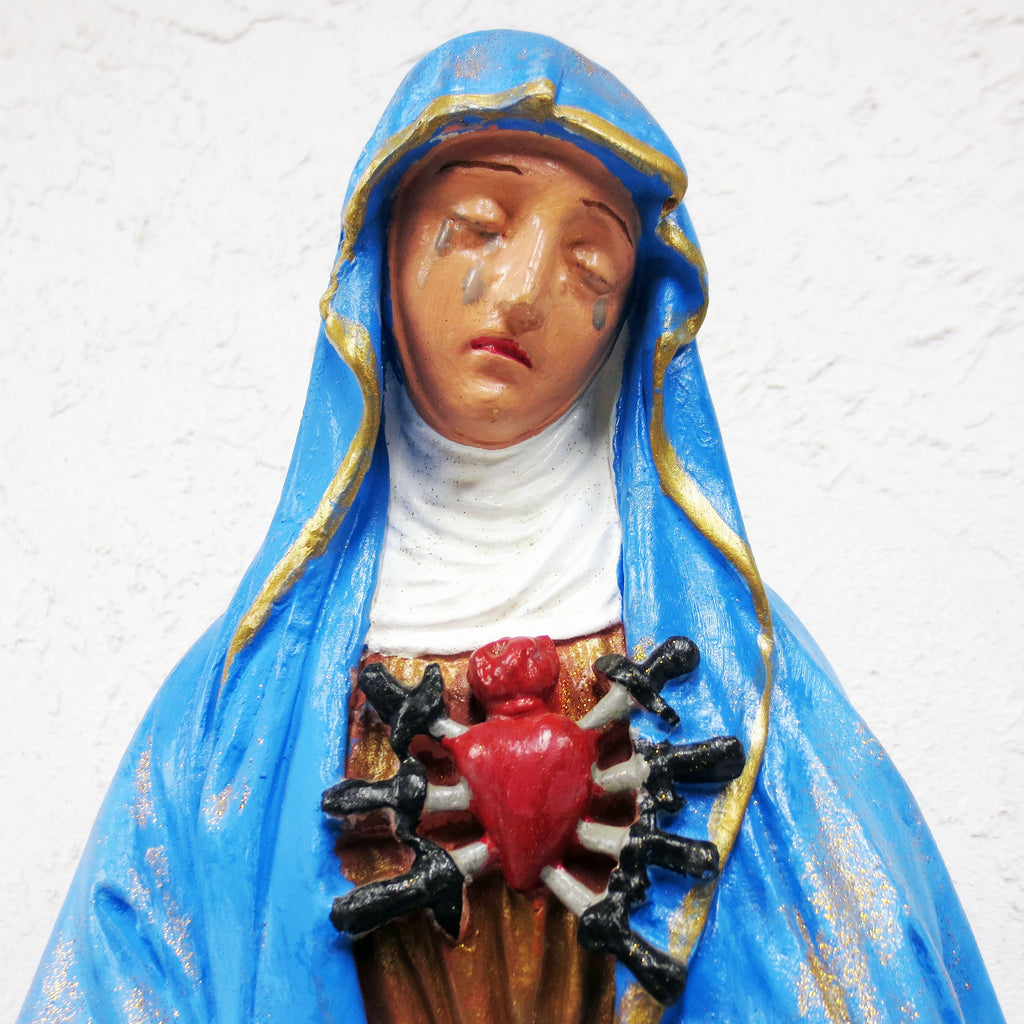 Antique Virgin Mary Lady of Sorrows Sculpture 23", 7 Seven Swords Pierced Heart