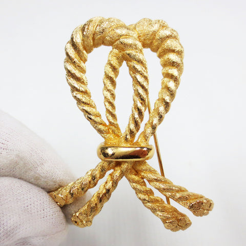 Vintage Signed Christian Dior Gold Plated Brooch Twisted Nautical Rope Bow 2.25"